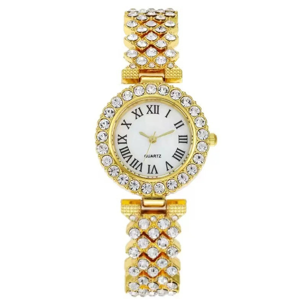 A gold-toned wristwatch featuring a white face, Roman numerals, and surrounding rhinestone detailing.