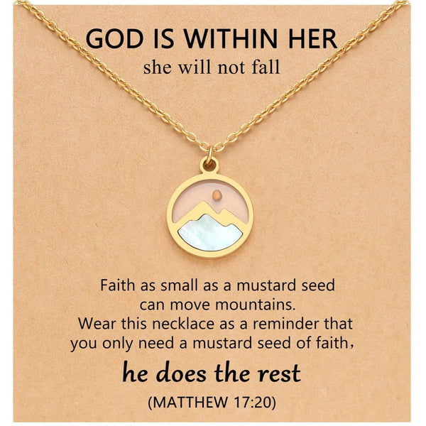 A gold-plated stainless steel mountain necklace with a translucent stone pendant and inspirational text.