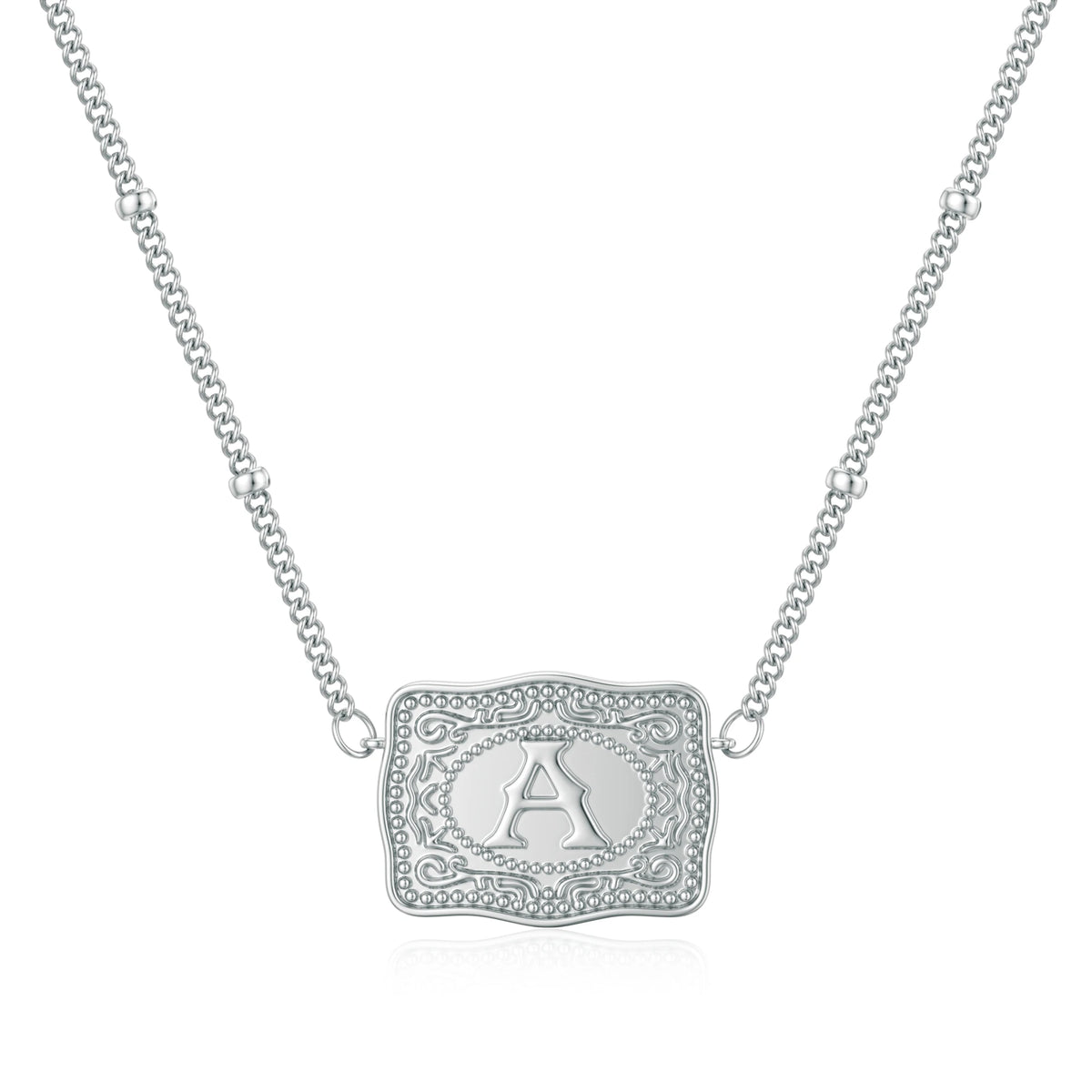 Silver pendant necklace featuring an engraved letter A on a delicate chain.