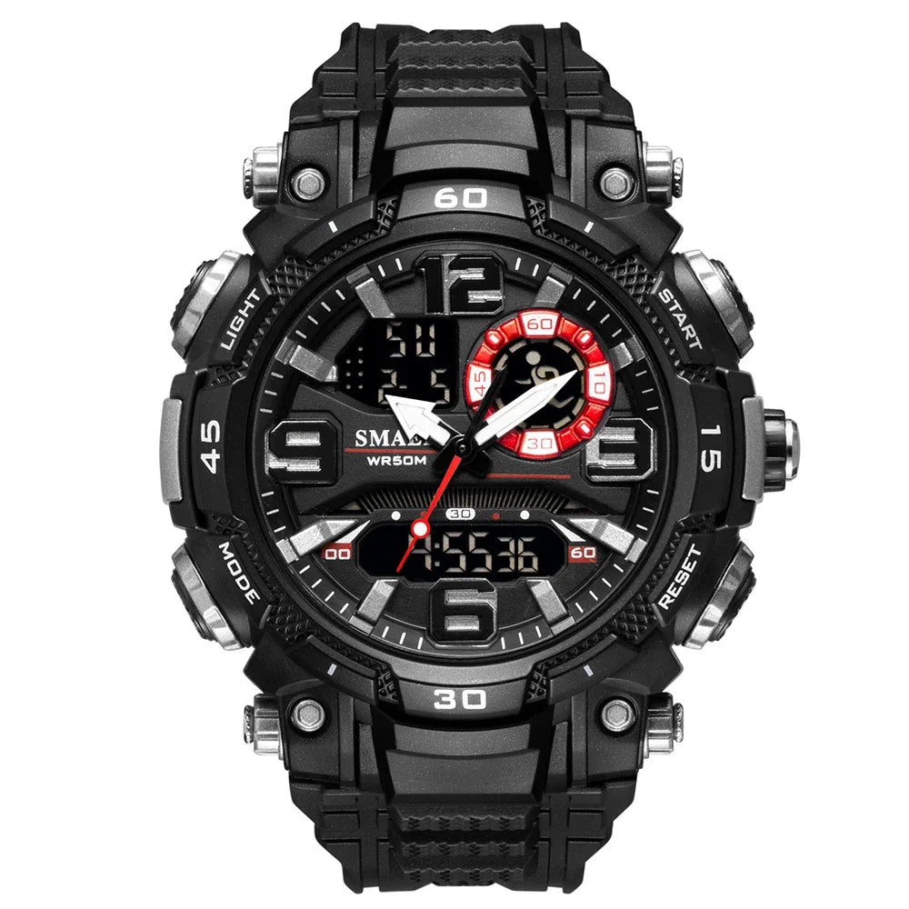 A black digital wristwatch with a rugged design featuring a rotating bezel and various functions like light and start.