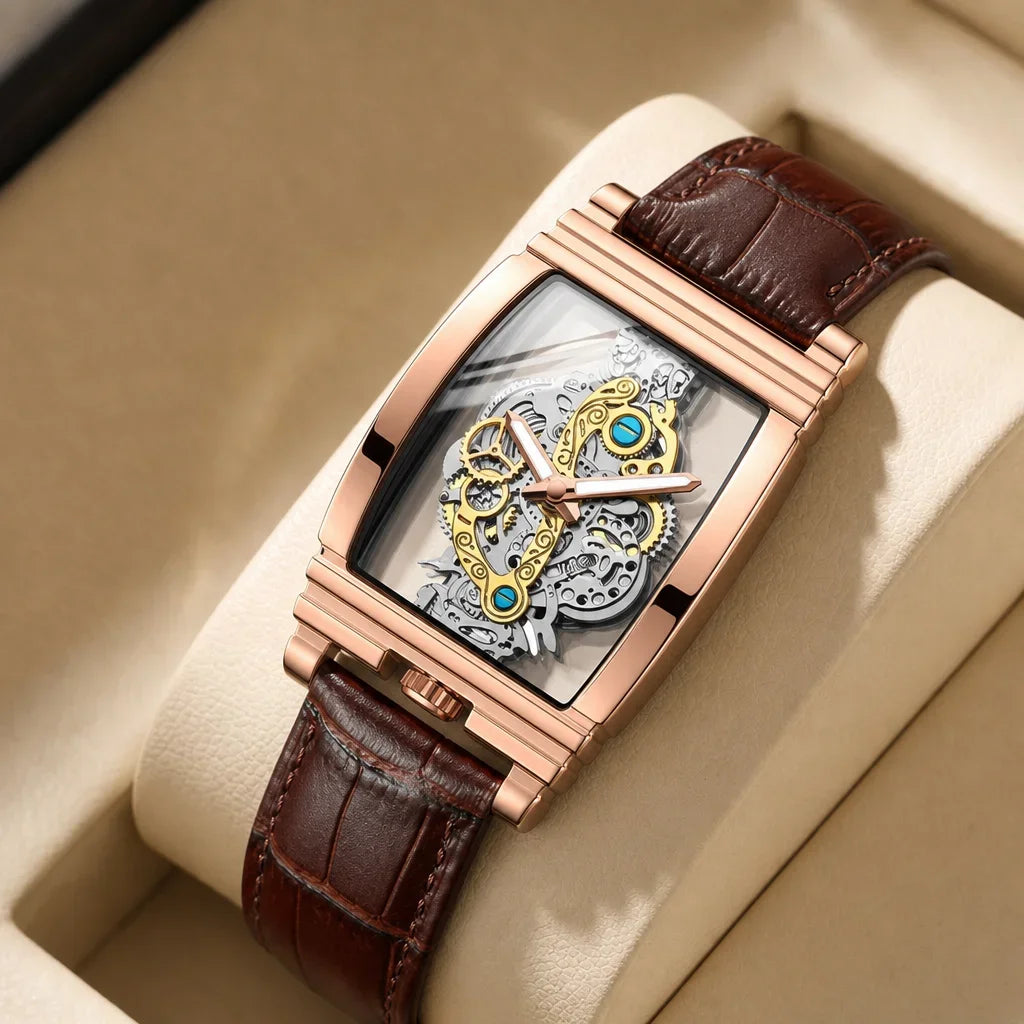 Reloj de pulsera mecánico tono oro rosa con correa de cuero, mostrado en una caja de color claro.