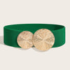 A dark green elastic waist belt with a gold-toned, textured circular buckle.