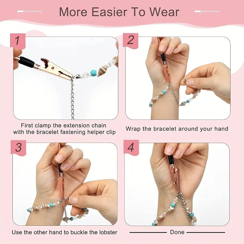 Step-by-step guide showing how to use a bracelet fastening helper clip for joint repair and wearing.