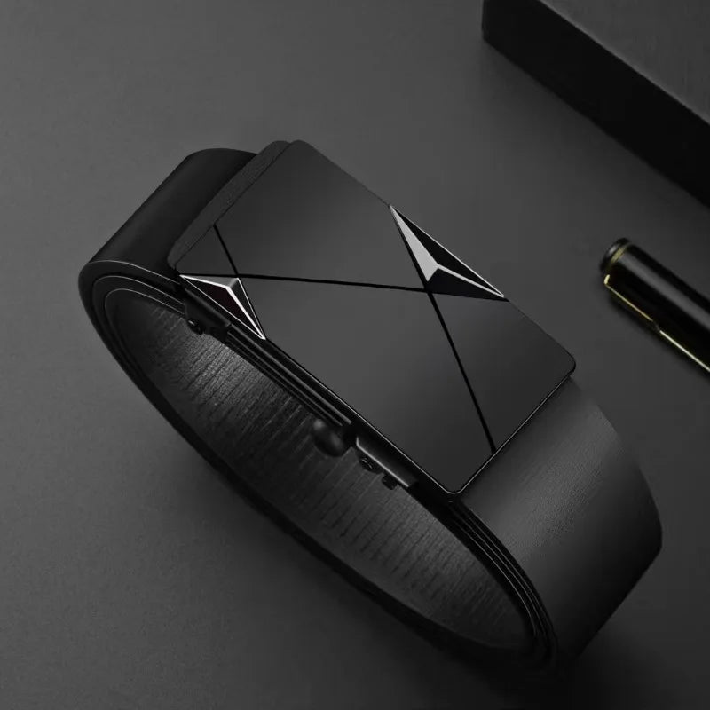 A black men's automatic buckle casual belt is shown on a dark surface.