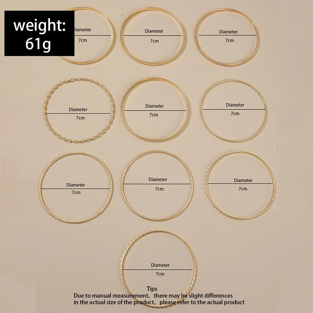 A set of gold hexagon star twist bangles shown with various diameters, demonstrating the product size.