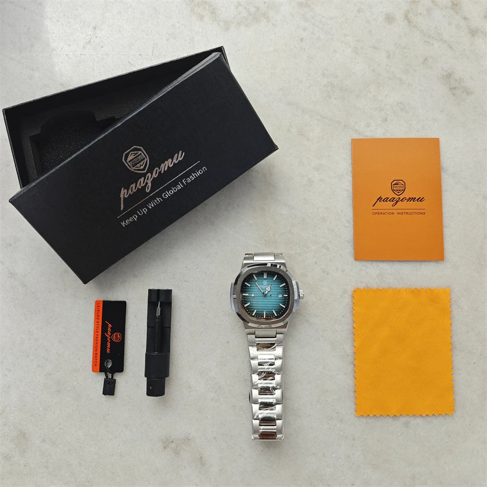 A black box containing a men's luxury quartz wristwatch with luminous features, along with an orange instruction card and a y