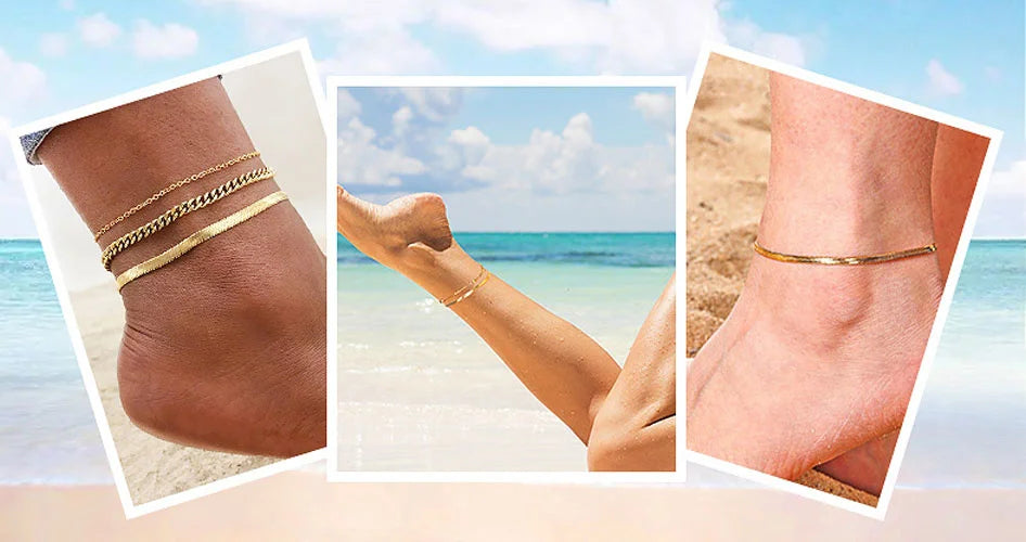 Close-up shots of a stainless steel snake chain anklet worn on the wrist and ankle against a beach background.