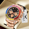 A rose gold men's quartz watch with diamond accents and a black strap displayed on a white background.