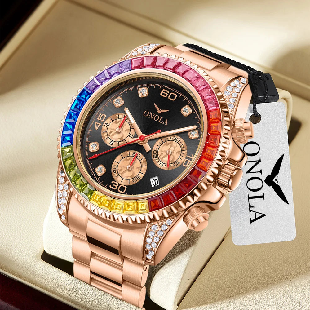A rose gold men's quartz watch with diamond accents and a black strap displayed on a white background.