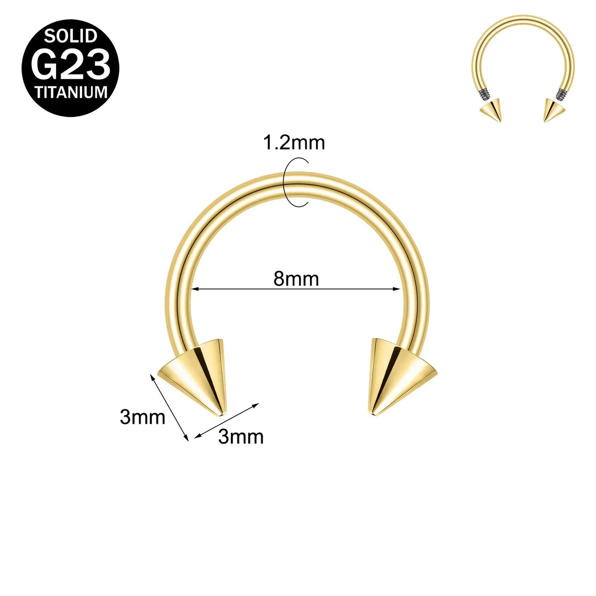 Gold-toned titanium nose ring with a curved bar and pointed ends.