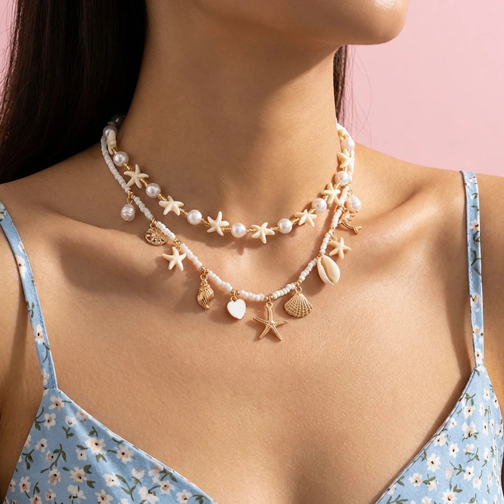 A close-up of a boho shell starfish necklace with pearl and gold accents worn around the neck.