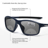 A pair of dark blue photochromic reading glasses shown in various views demonstrating comfort from afar and close-up clarity.