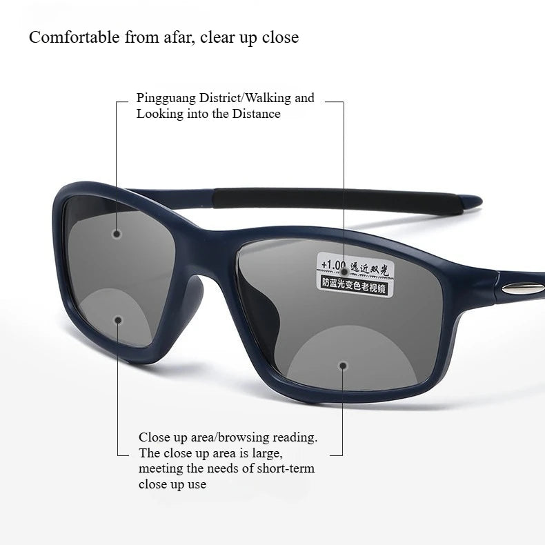 A pair of dark blue photochromic reading glasses shown in various views demonstrating comfort from afar and close-up clarity.