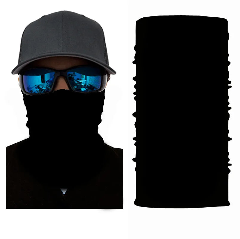 A black tactical full face balaclava worn by a person, featuring dark sunglasses.