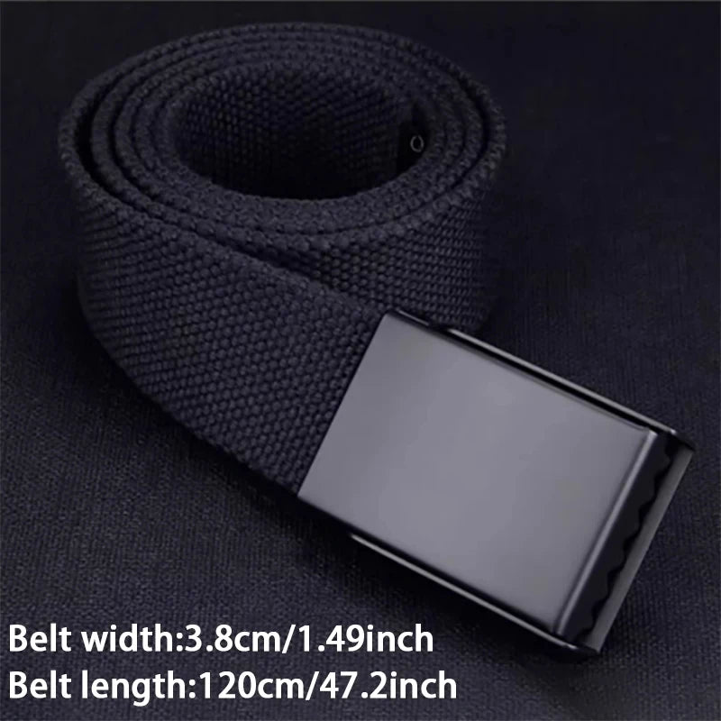 Black canvas tactical waist belt rolled and displayed with dimensions listed.