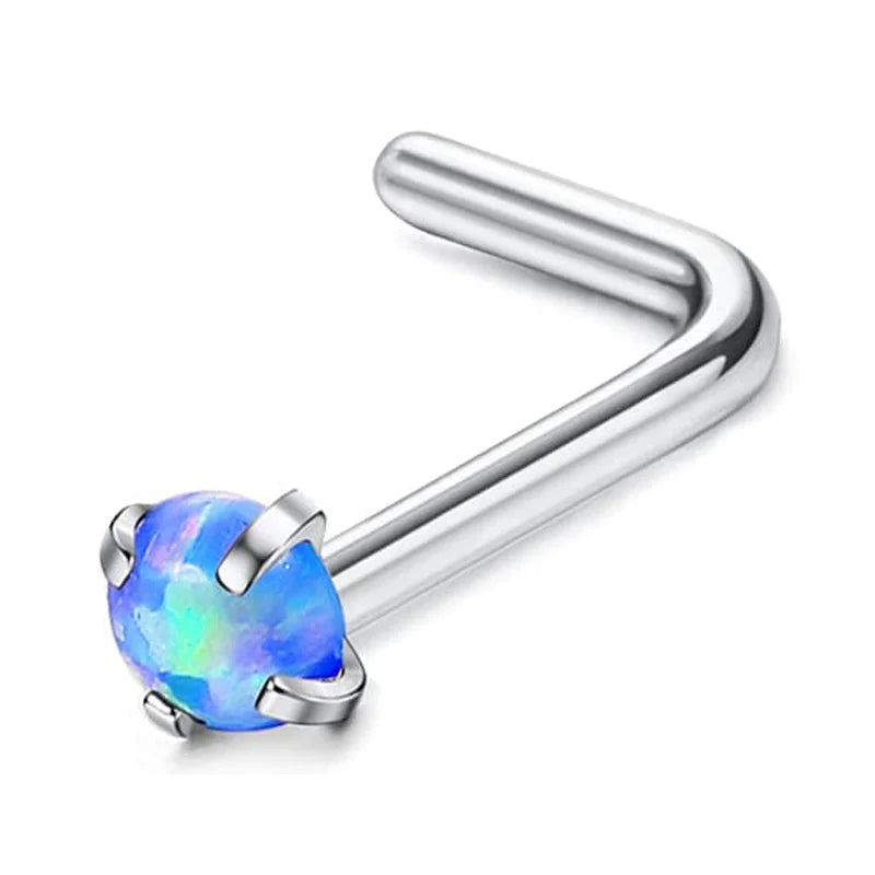 Surgical stainless steel nose piercing studs with a curved bar and a blue opal gemstone.