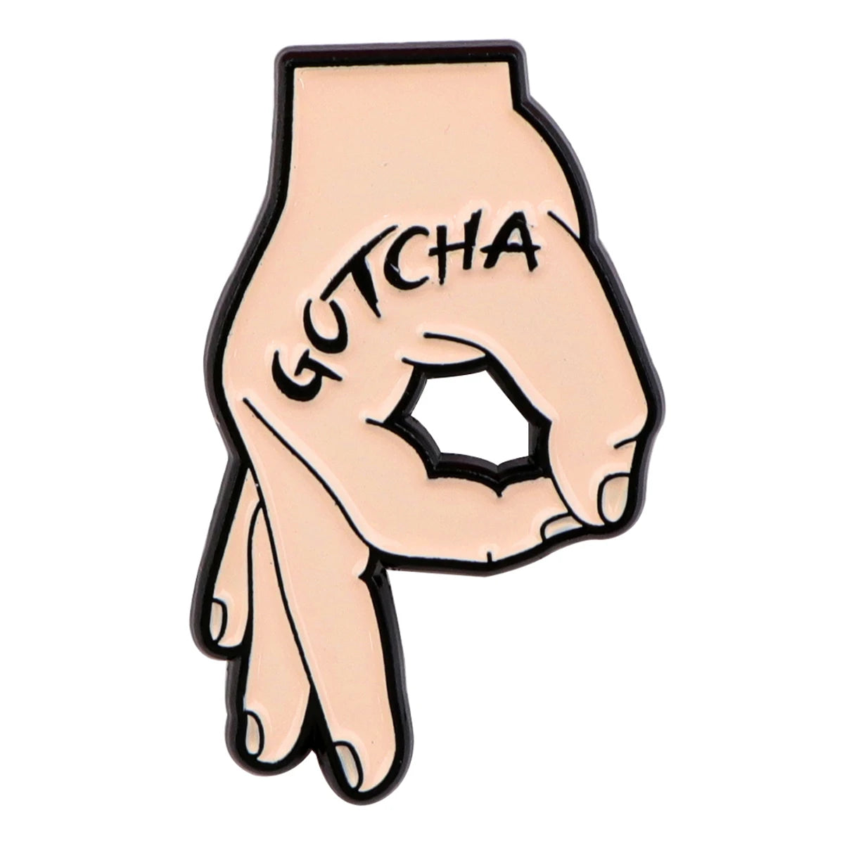 A light pink enamel pin featuring a hand gesture with the word GOTCHA written on the palm.