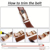 A close-up instructional image showing how to trim the belt using a ratchet belt and a pruning tool.