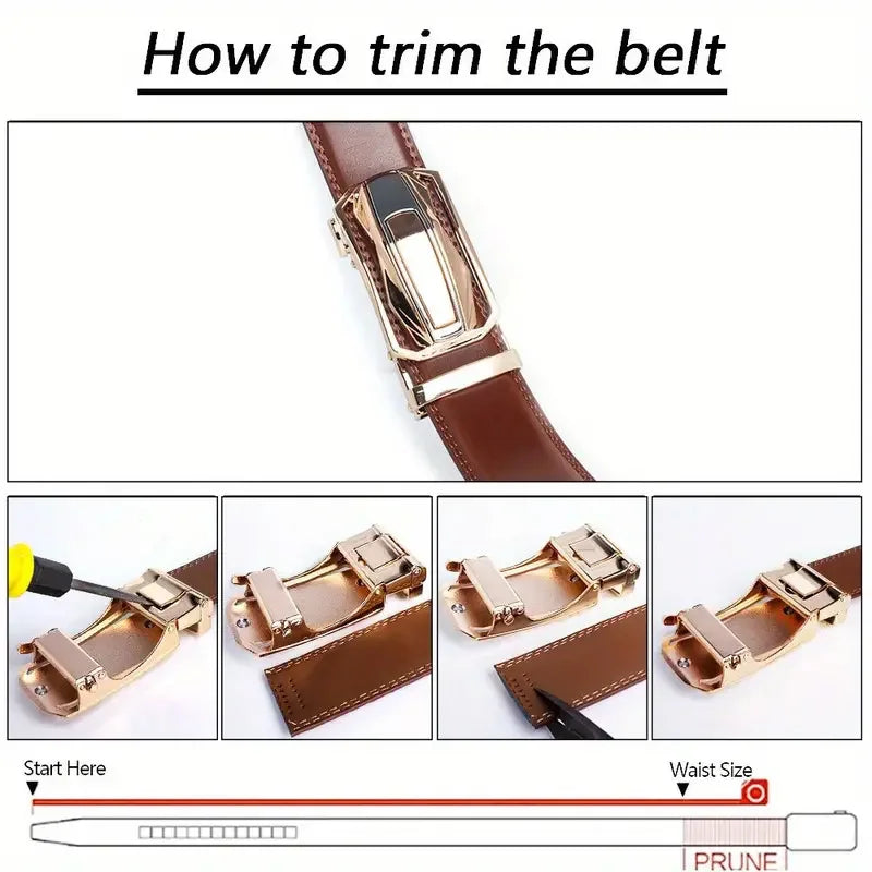 A close-up instructional image showing how to trim the belt using a ratchet belt and a pruning tool.