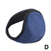 A dark blue plush winter earmuff is shown in a profile view.
