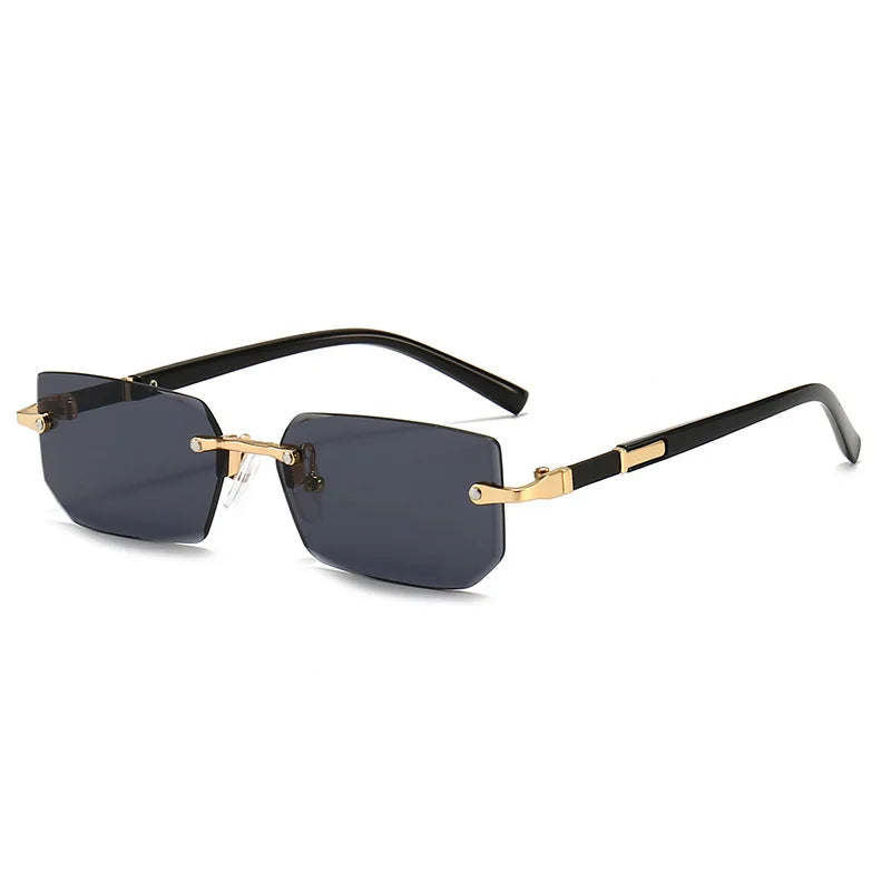 Rimless rectangle sunglasses with black frames and dark lenses