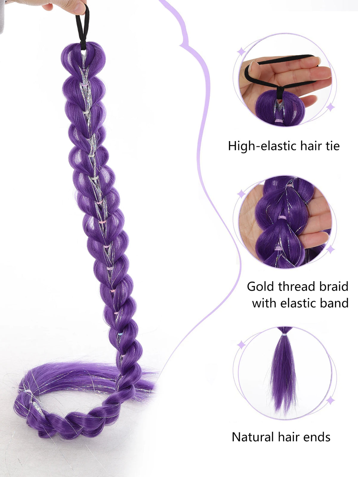 Purple braided hair tie with gold thread braid and natural hair ends
