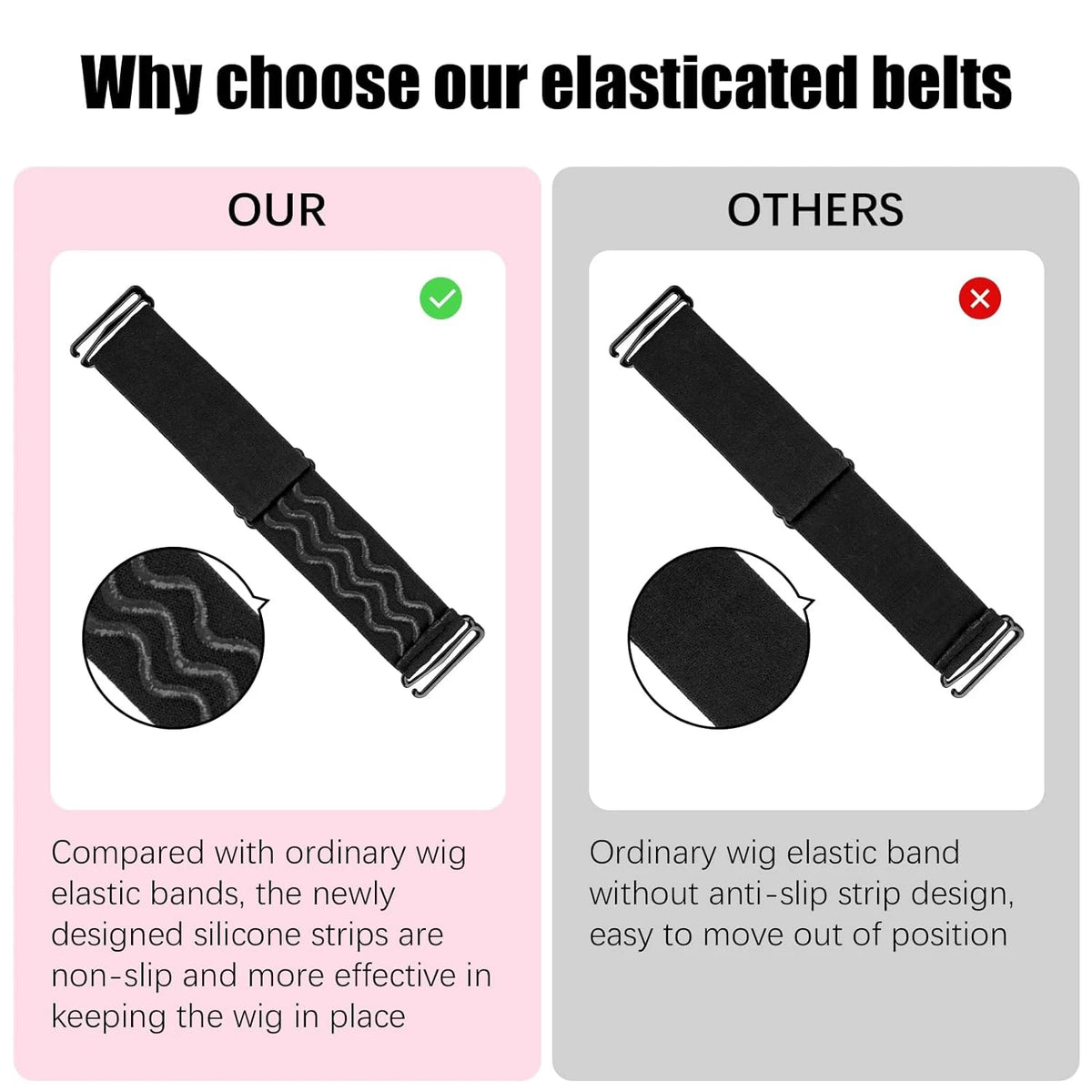 Vergleich: Unsere elastischen Gurte sind rutschfest und effektiv zum Tragen von Perücken im Vergleich zu normalen Bändern