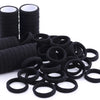 A collection of black elastic hair ties in various sizes and styles for ponytails and buns.