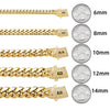 A series of 14K gold-plated Miami Cuban chain necklaces shown with varying link sizes and coin measurements.