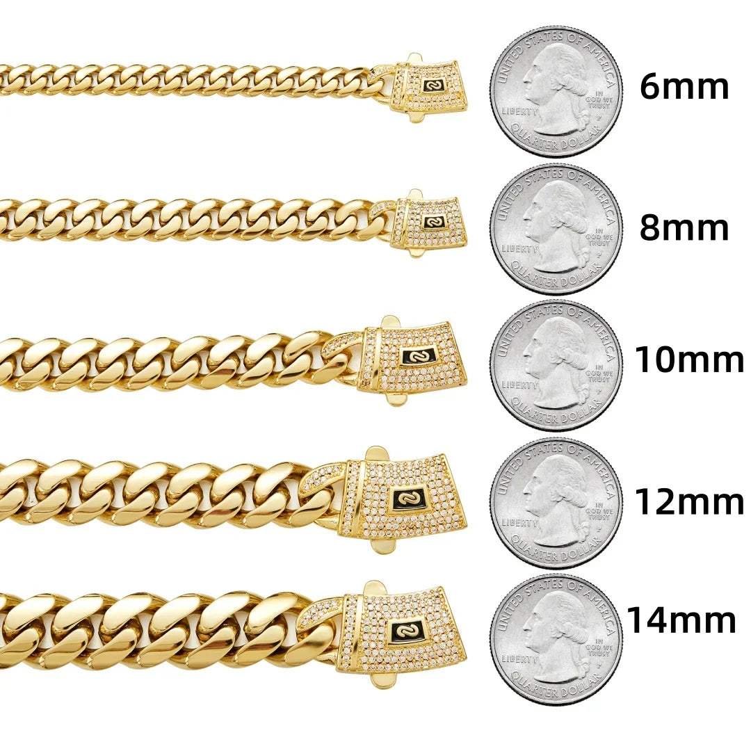 A series of 14K gold-plated Miami Cuban chain necklaces shown with varying link sizes and coin measurements.