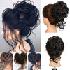 A collection of synthetic messy hair buns and scrunchies shown in various styles and colors.