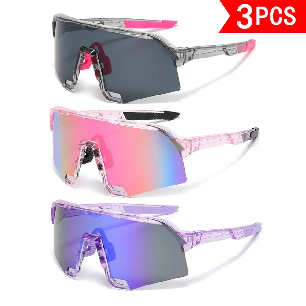 Three pairs of large frame trendy eyewear sunglasses in various colors including gray pink and purple.