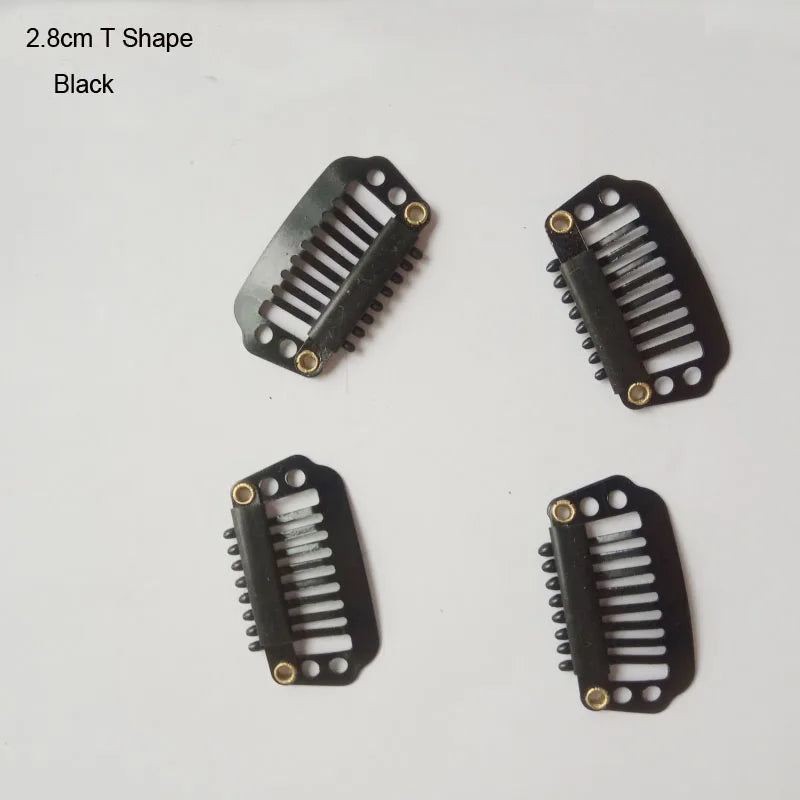 A set of black T-shaped precision hair extension clips.