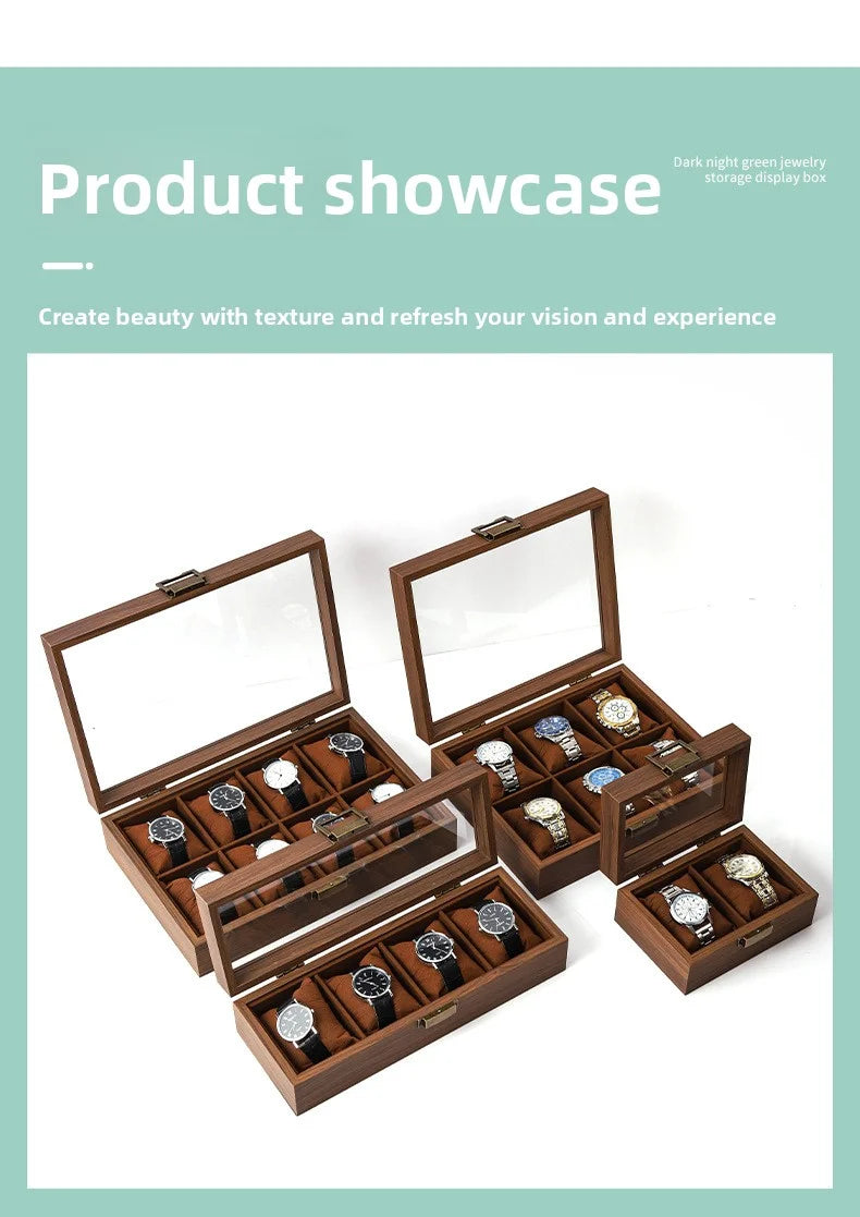 A wooden multi-slot display box showcasing various watches and jewelry items.