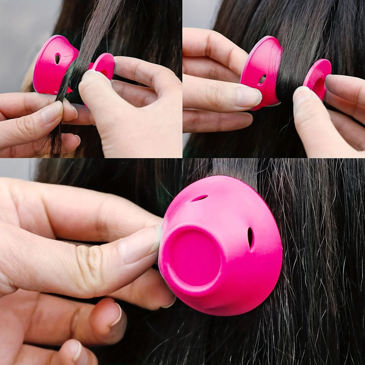 A set of bright pink heatless magic hair curlers being used to curl dark hair.