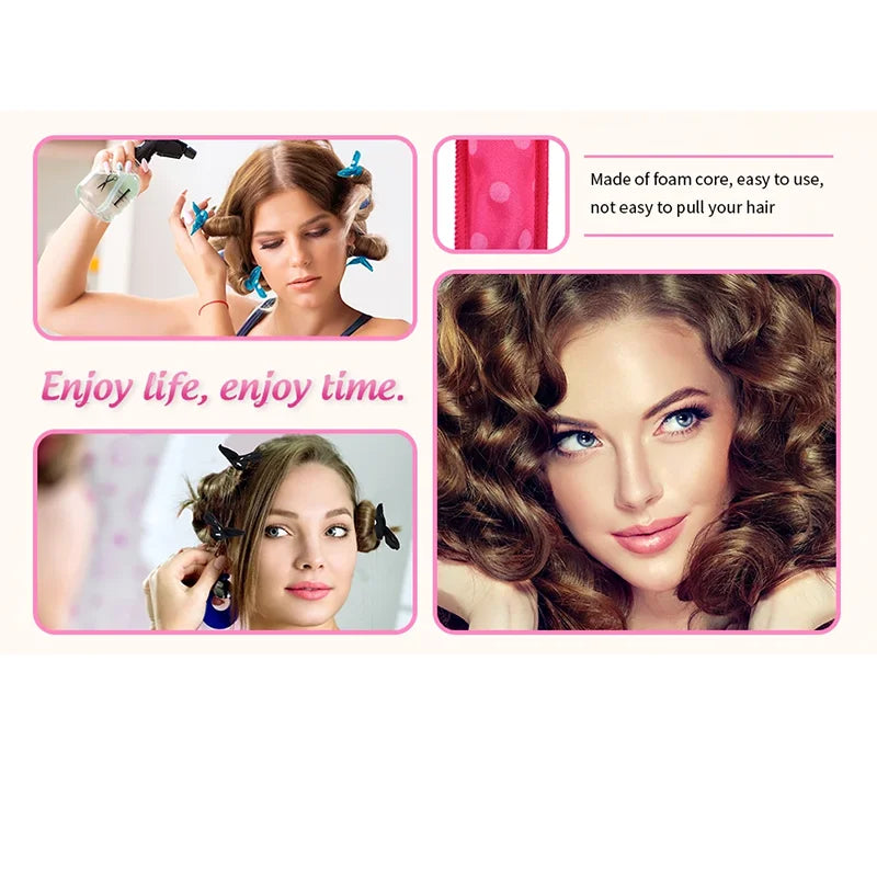 A set of 10 flexible hair curling rollers used for styling hair.