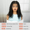 A model is wearing a black braided full lace wig with long curls and a light blue top.