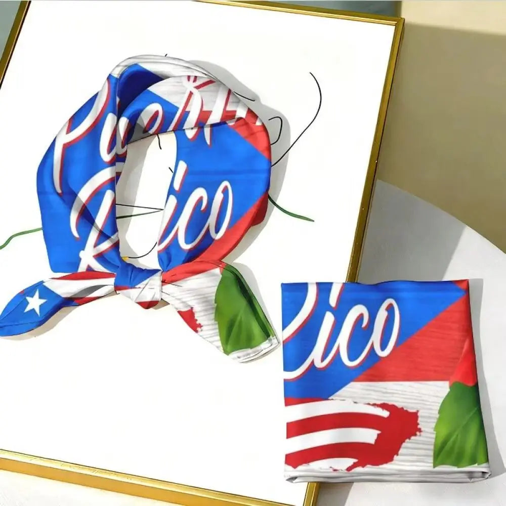 A square headscarf featuring a pattern of the Puerto Rico flag colors and design.