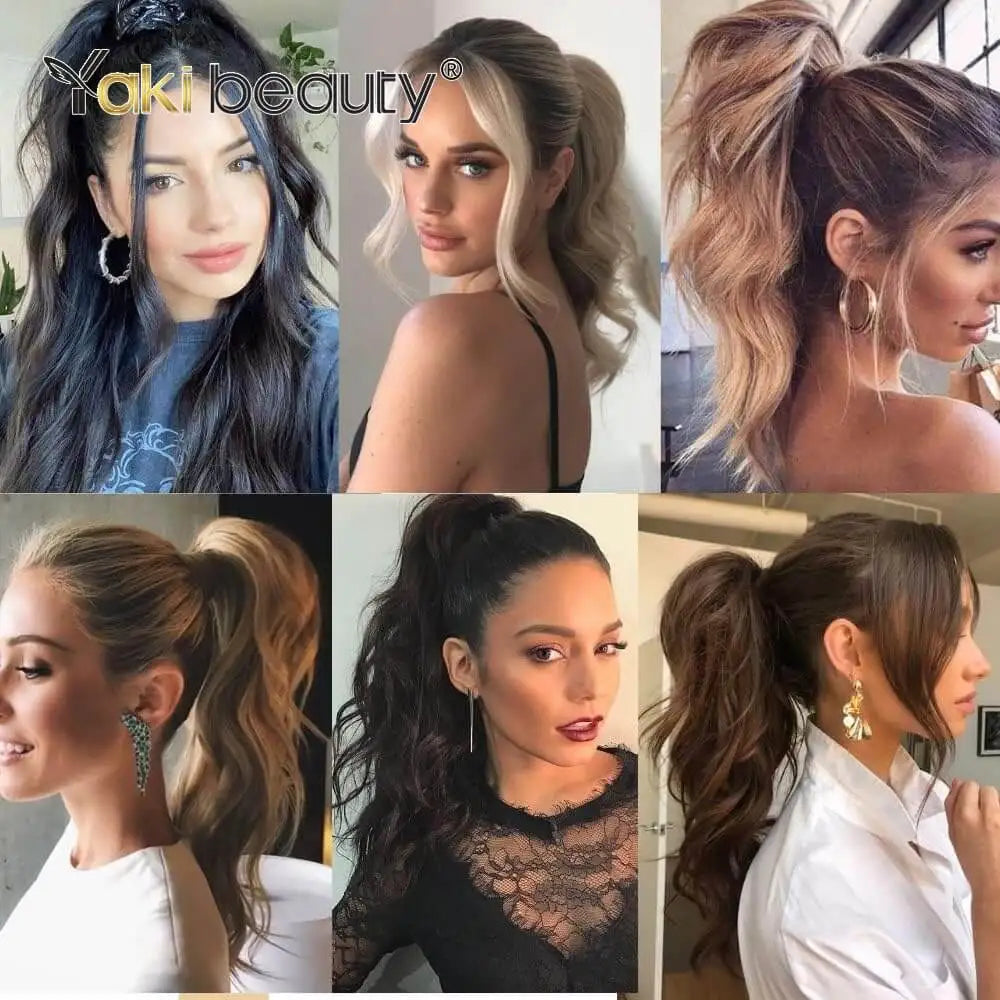 A collage of various styles and colors of 32-inch synthetic wrap around hair extensions.
