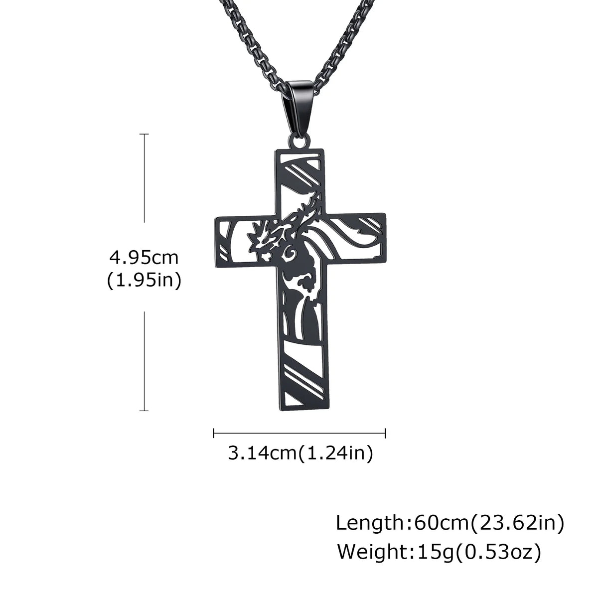 A stainless steel cross necklace with a gold finish featuring an engraved design.