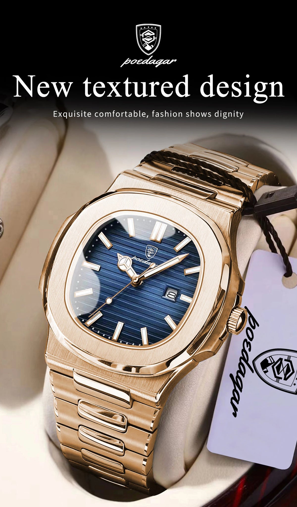 Nahaufnahme einer goldfarbenen Uhr mit blauem Zifferblatt und strukturiertem Design auf hellem Hintergrund