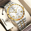 A silver and gold men's luminous quartz wristwatch with a leather strap is displayed in a box.
