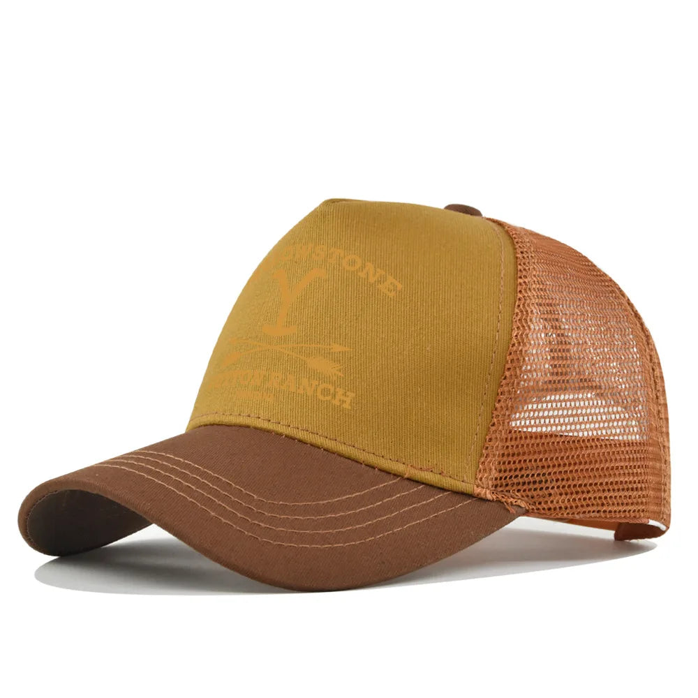 A unisex adjustable baseball cap in olive green and brown tones.