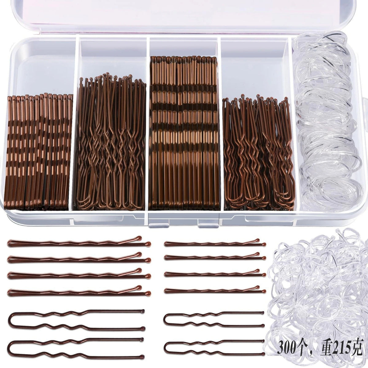 Bulk set of brown hair and clear bobby pins including individual pins and a large pile of clear pins