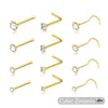 Gold-finished stainless steel nostril studs with clear crystal accents shown in various angles