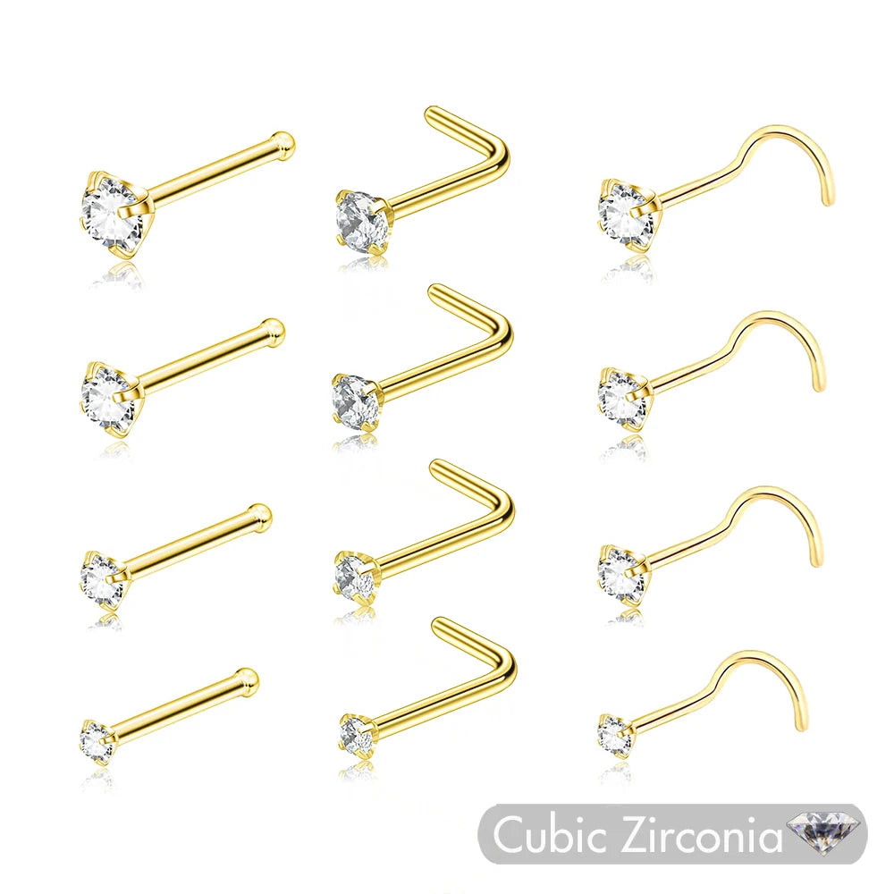 Gold-finished stainless steel nostril studs with clear crystal accents shown in various angles