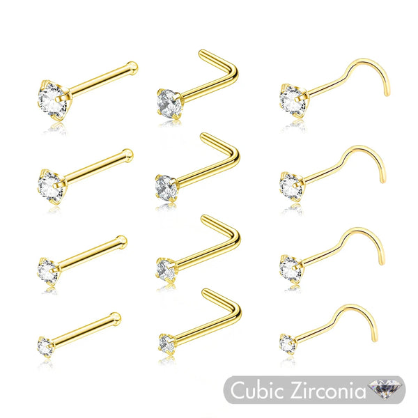 Gold-finished stainless steel nostril studs with clear crystal accents shown in various angles