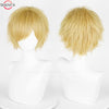 Peluca rubia de capas cortas exhibida en maniquí.
