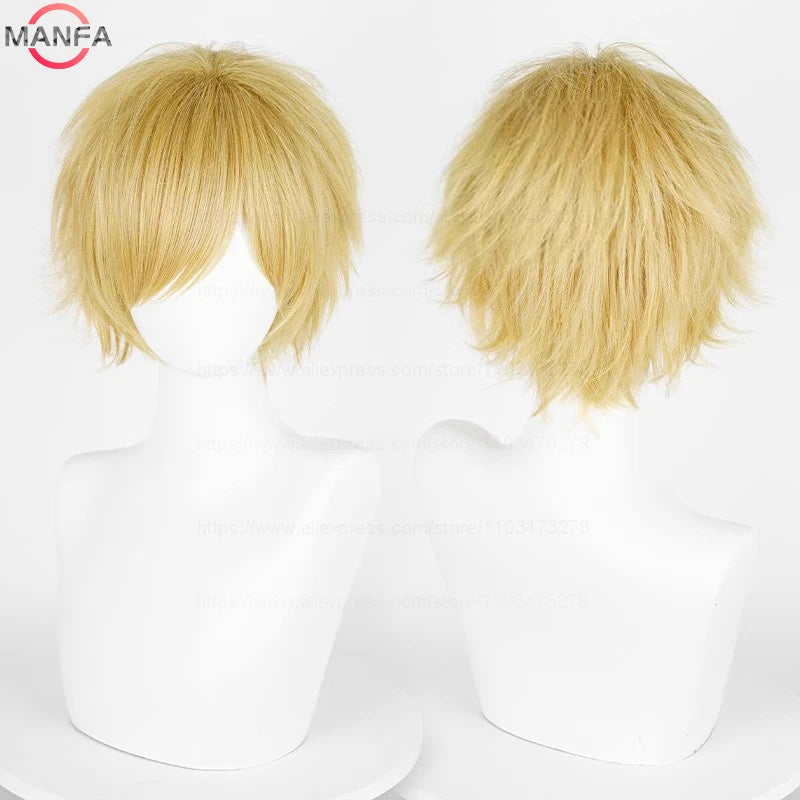 Peluca rubia de capas cortas exhibida en maniquí.