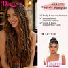 Before and after photos showing a woman's long wavy hair with beaded clip-in extensions